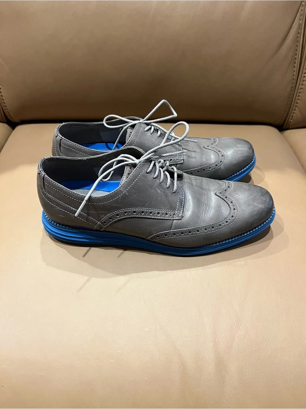 Cole Haan Gray Leather Wingtip Oxfords with Blue Sole